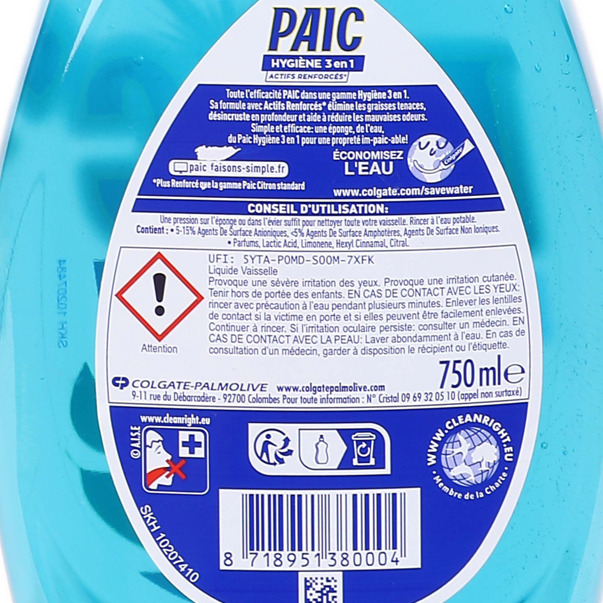 Liquide vaisselle anti odeur Excel+, Paic (500 ml)
