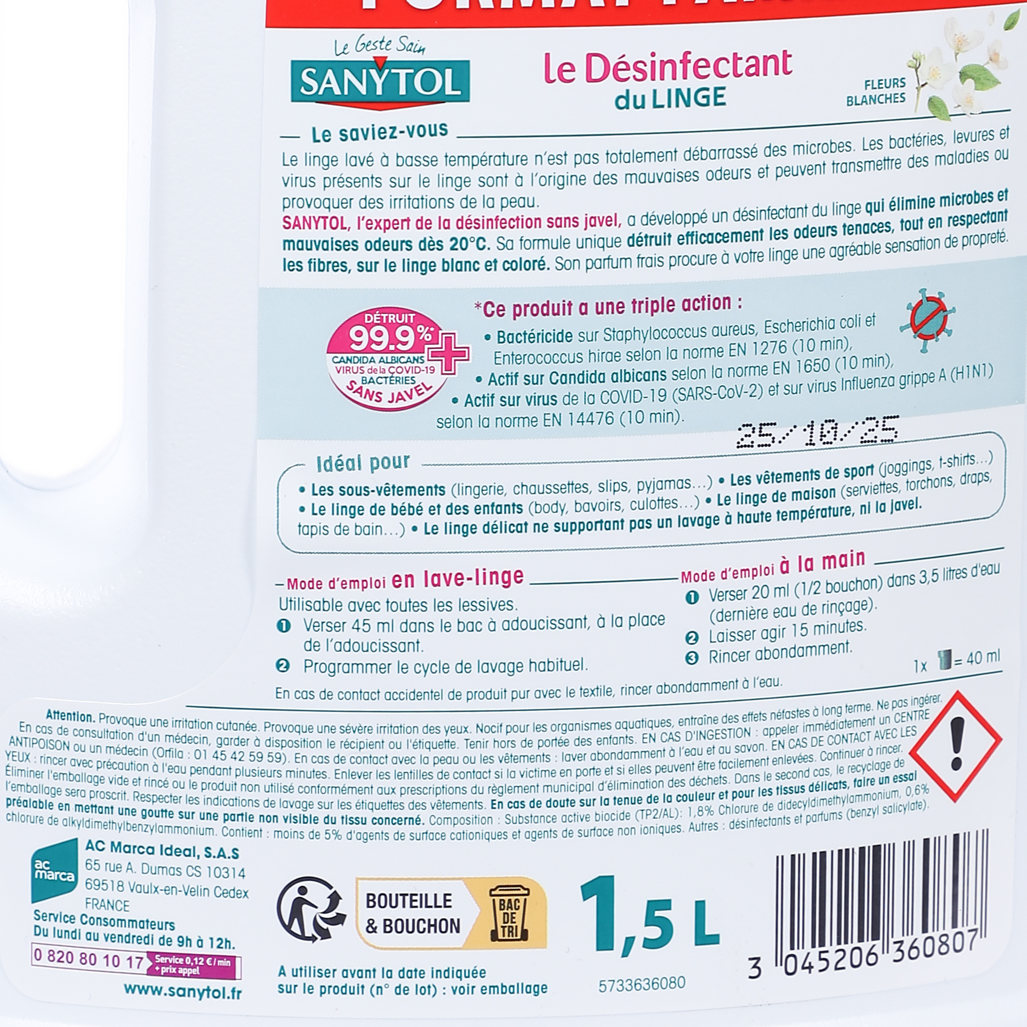 Désinfectant pour la lessive du linge Fleurs blanches 1 l Sanytol 8615B -  Imprégnation des textiles