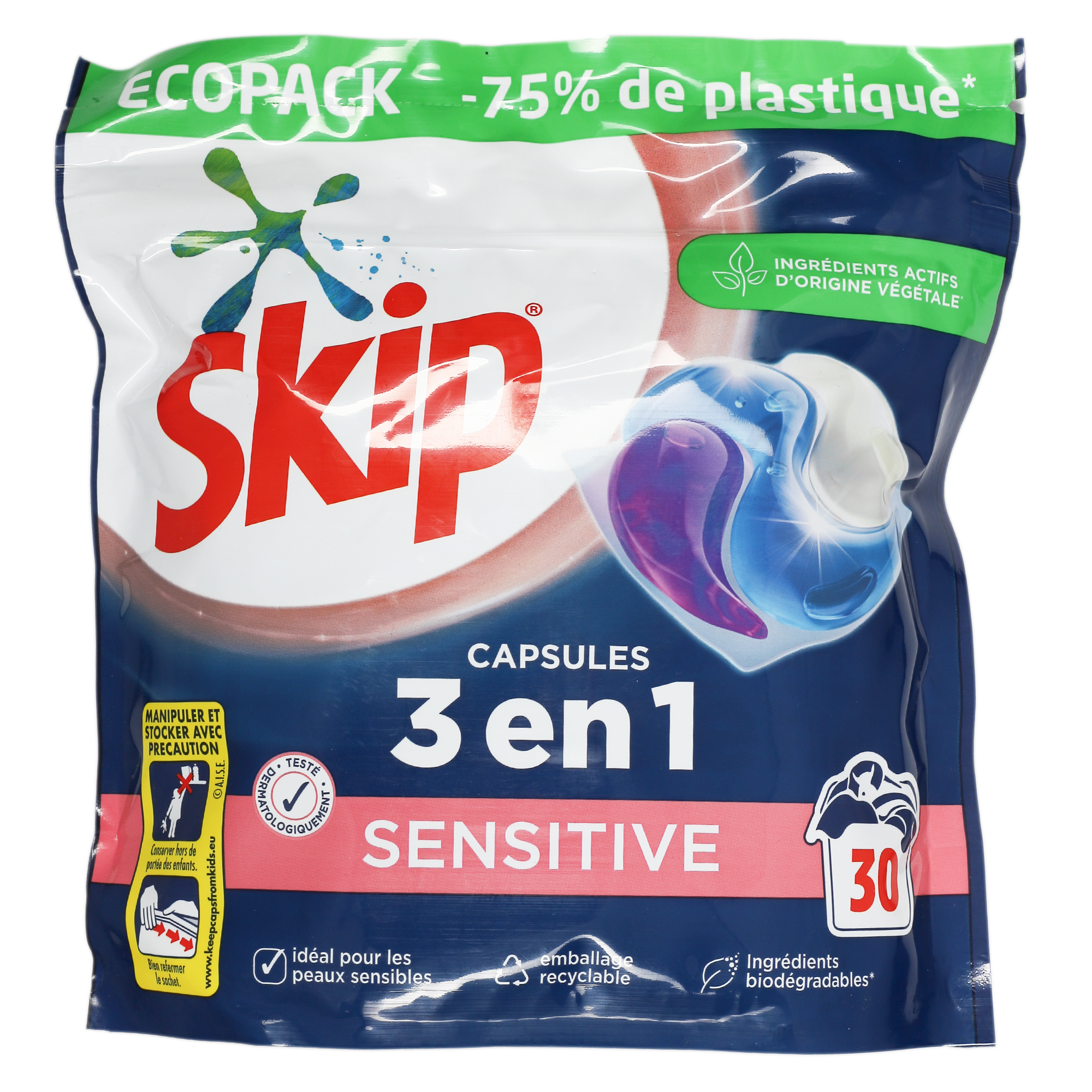 30 capsules lessive 3 en 1 sensitive SKIP prix pas cher
