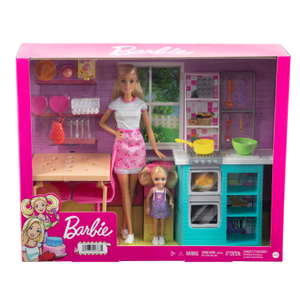 BARBIE Coffret cuisine avec réfrigérateur et distributeur d'eau fonctionnel  - Barbie brune pas cher 